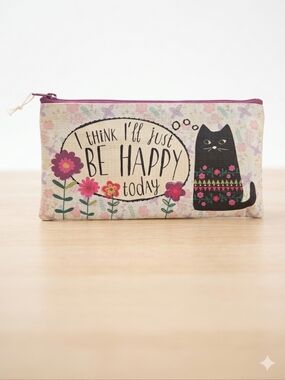 Be Happy Today NWT Floral Cat Zipper Pouch - Pink & Black